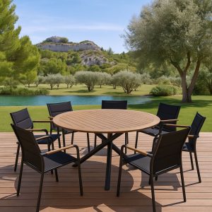 conjunto Boracay mesa de teca y aluminio sillones de textileno con apoyabrazos de madera