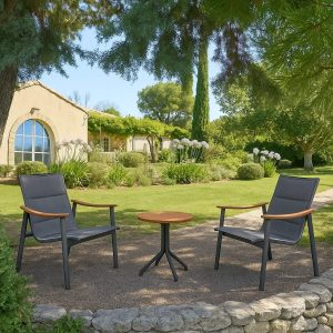 conjunto de sillones y mesita de textilene, aluminio y teca Samos