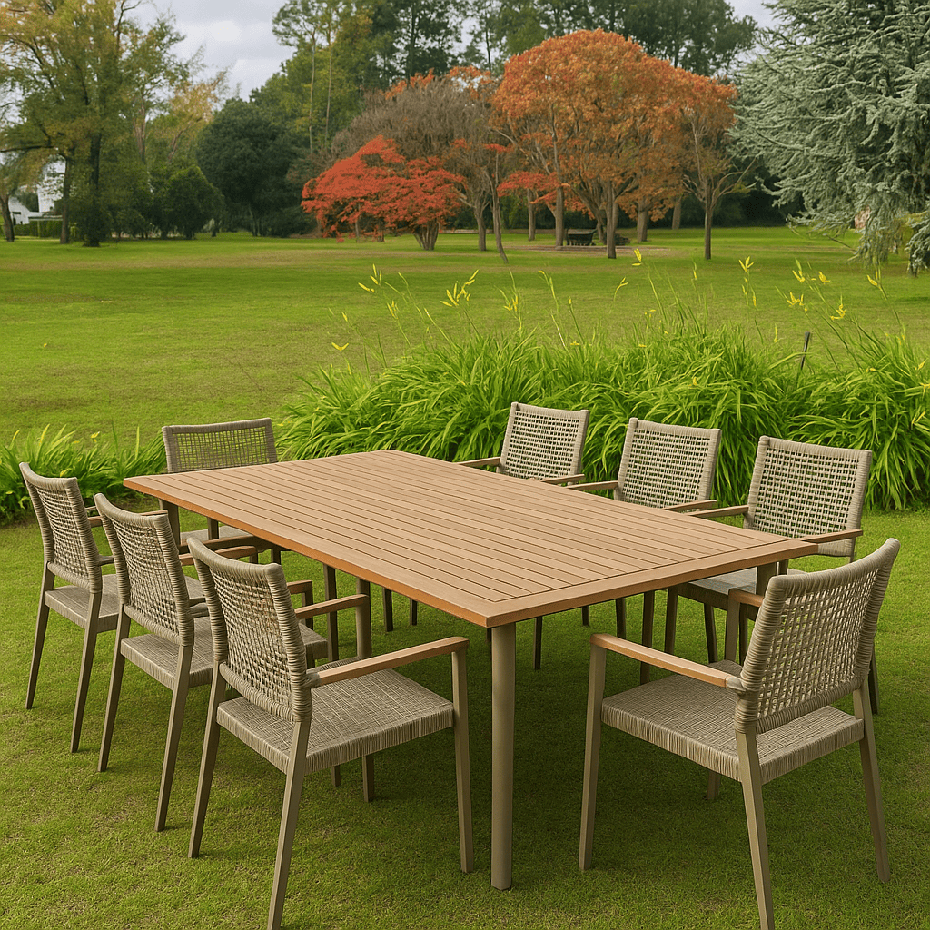 conjunto de mesa de madera y aluminio y sillas de aluminio y cuerda para exterior