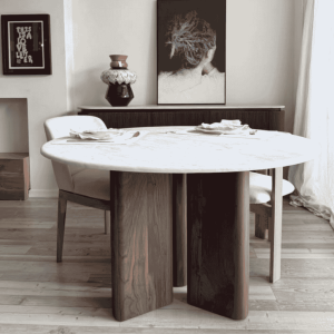 mesa de comedor de piedra y base de madera enchapada
